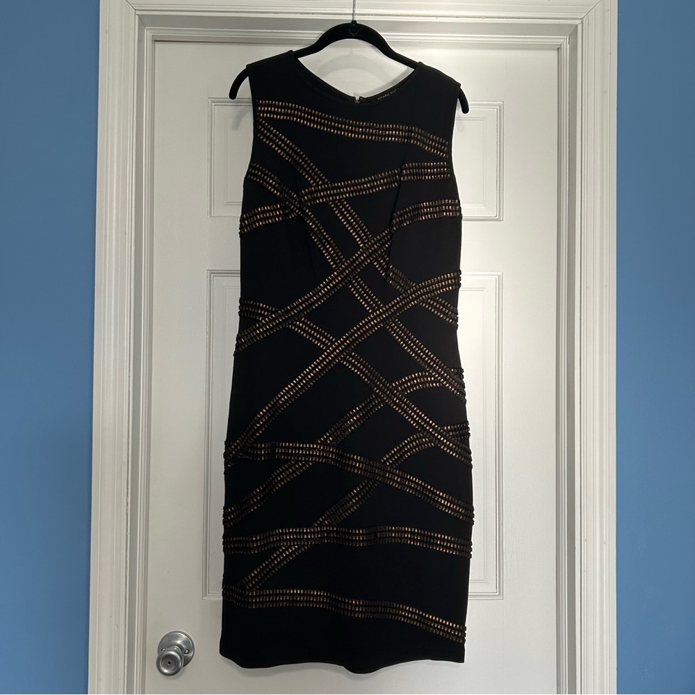 Tadashi Shoji women’s large black metallic foil stripe textured dress career - Picture 3 of 12